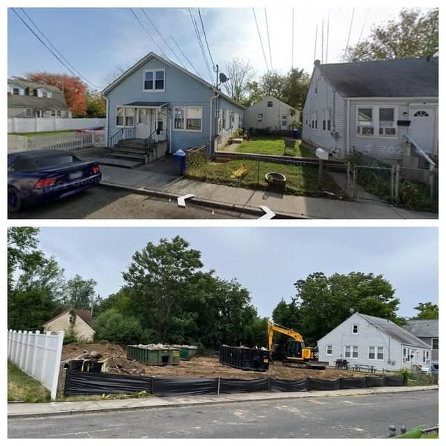 Street view before, and the excavator on site during the lift.
