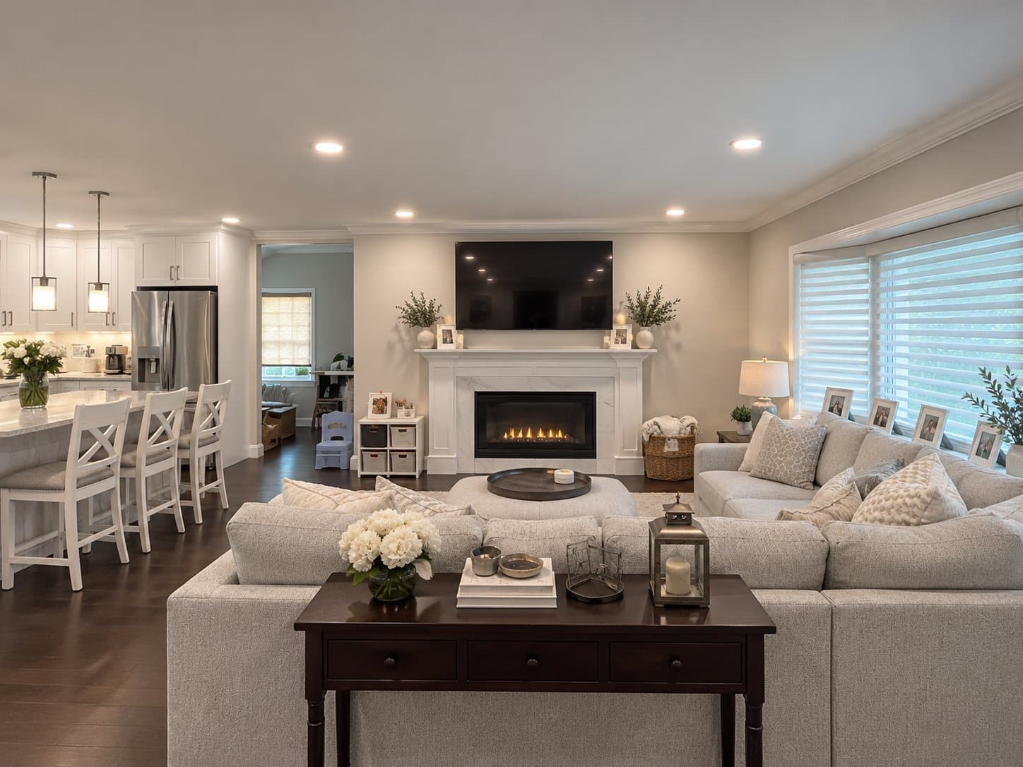 A finished living room and kitchen: marble-surround fireplace, recessed lighting, dark hardwood floors and a white island with pendant lights beyond.